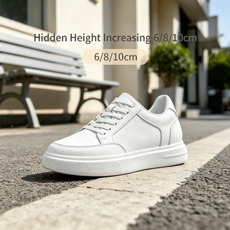 Men White Leather Sneakers Lace Up Hidden Height Increasing 6/8/10cm Thick Platform Sole Flat Casual Shoes Light Non Slip Fashio