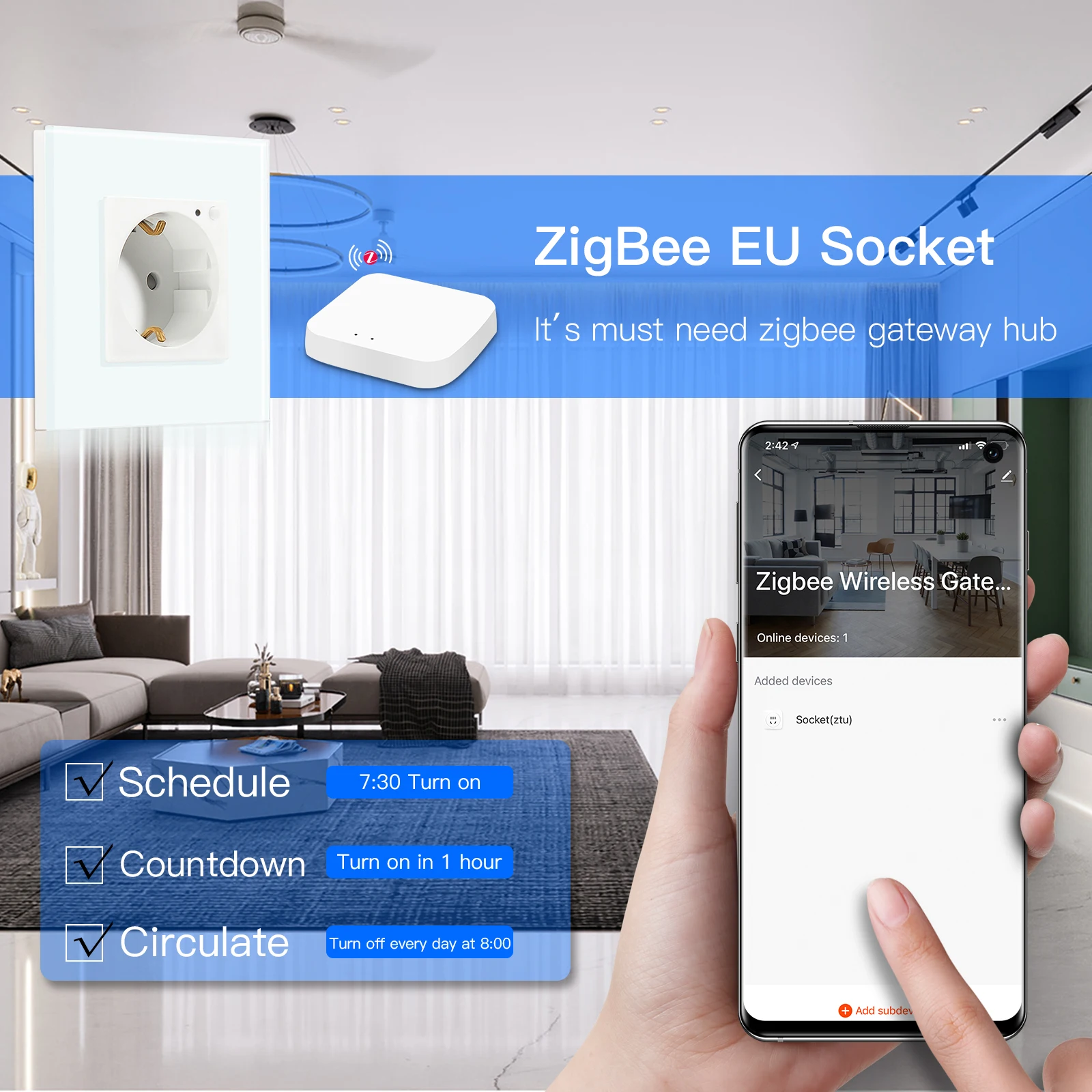 Bgraine Zigbee – prise de courant murale Wifi EU, fonctionne avec l'application Tuya Alexa Smart Life, verre de cristal, rétro-éclairage bleu, fonction de synchronisation