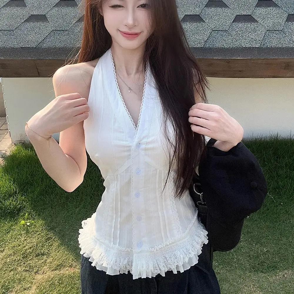 

Chic V Neck Lace Halter Crop Top Sweet Sleeveless Lace Vest Top Girl Slim Fit Korean Style Hanging Neck Camisole Summer