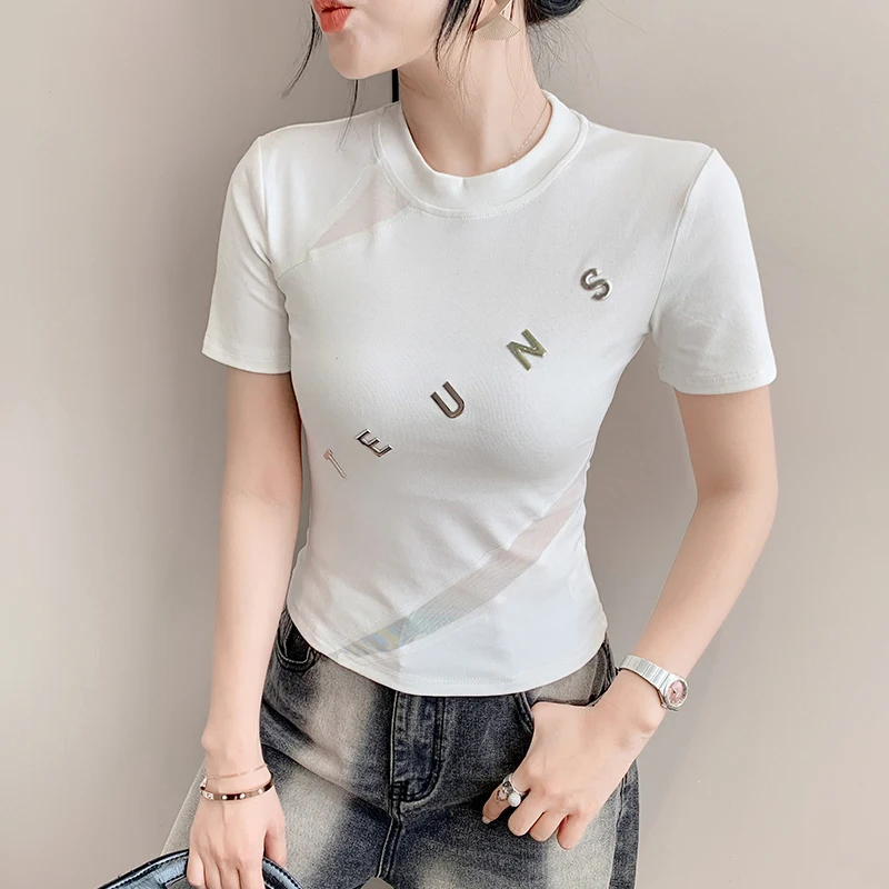 Noir, été, coréen, Style, T-Shirt, femmes, Chic, Sexy, col rond, Patchwork, maille, lettre, imprimé, hauts, manches courtes, décontracté, t-shirts, nouveau, 541502
