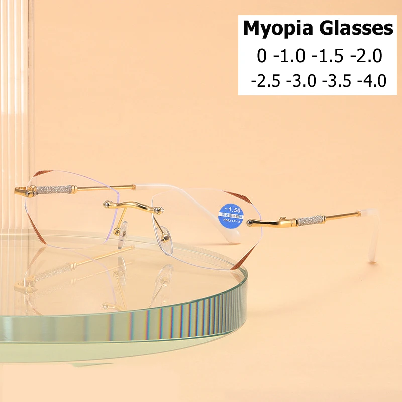 

Finished Myopia Glasses Luxury Diamond Cutting Rimless Minus Eyeglasses Blue Light Blocking Near Sight Eyewear Diopter 0 To -6.0