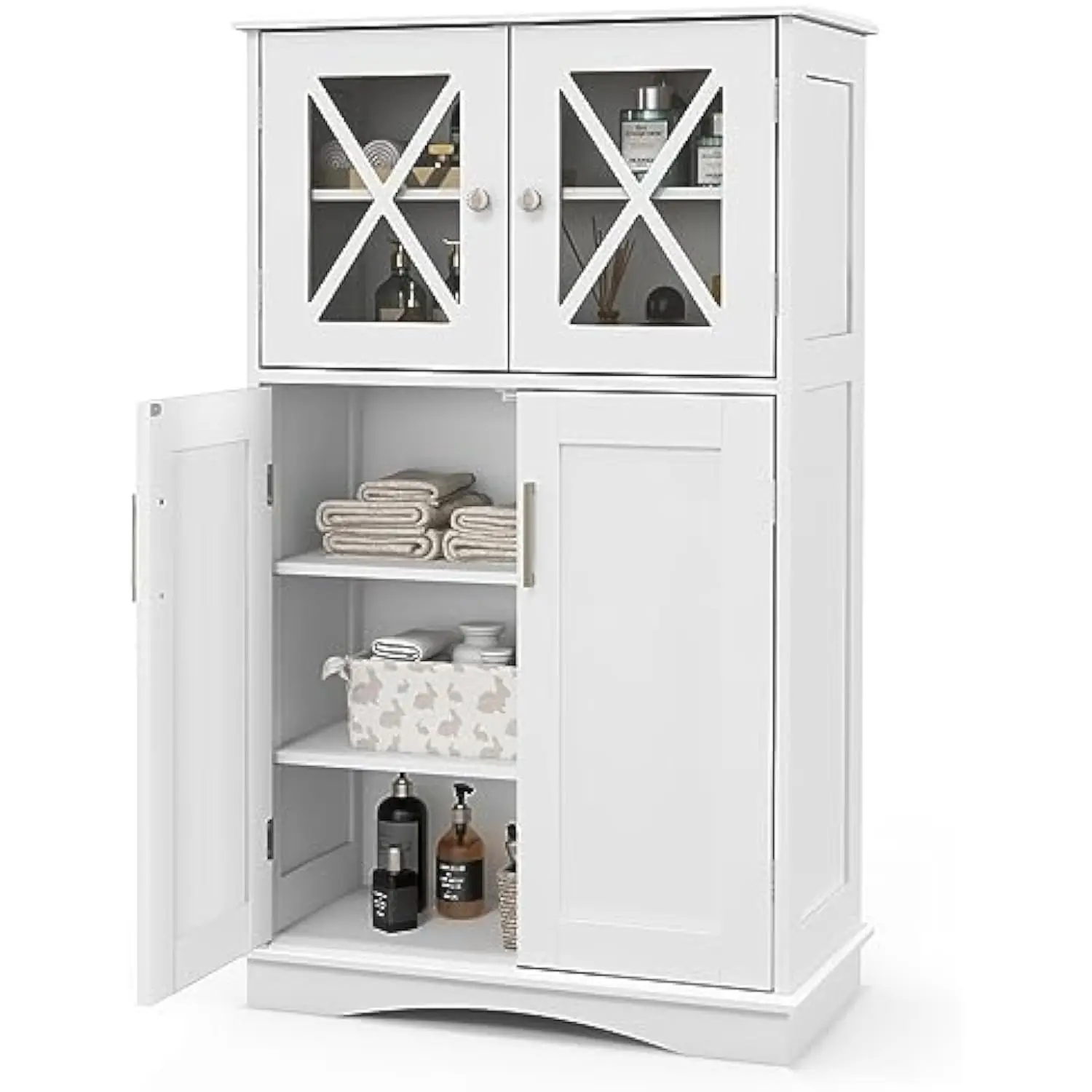 

Bathroom Storage Cabinet, Freestanding Floor Cabinet w/ 4 Doors & 3 Adjustable Shelves, Bathroom Organizer Cabinet for Living