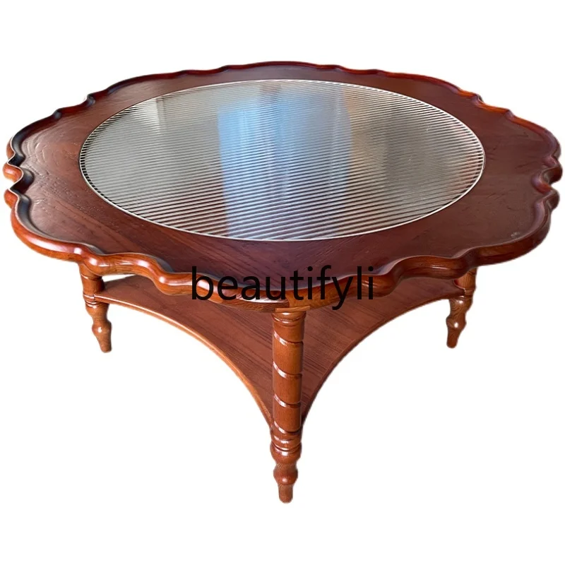 

American retro lace round coffee table Changhong glass solid wood medieval coffee table