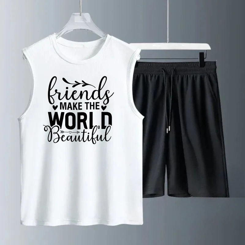 بدلة صدرية رجالية صيفية بدون أكمام مطبوعة للأصدقاء تجعل العالم جميل بدون أكمام + شورت ملابس رياضية بدلة رياضية سريعة الجفاف