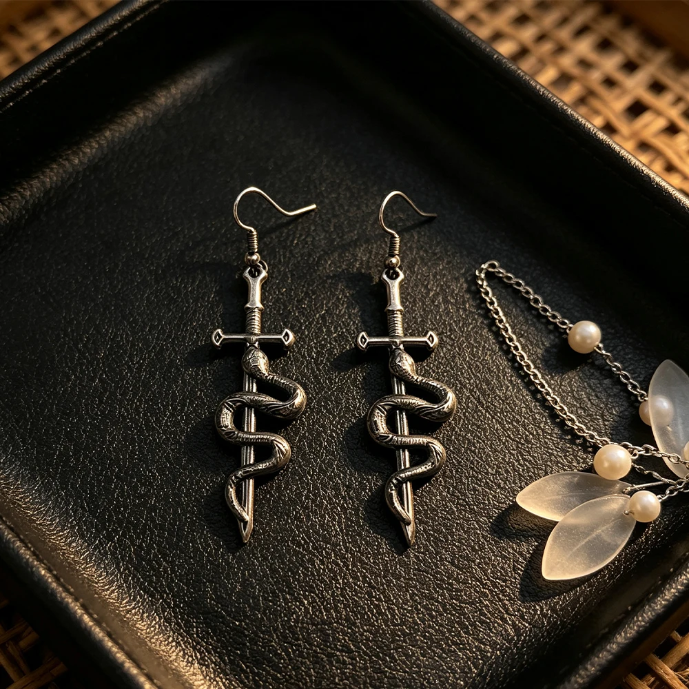 Dark Serpent Wrapped Around Sword Ear Hook Earrings, Vintage Gothic Style Distressed Black Gunmetal Drop Earrings, European and American Unique Punk Women's Accessories