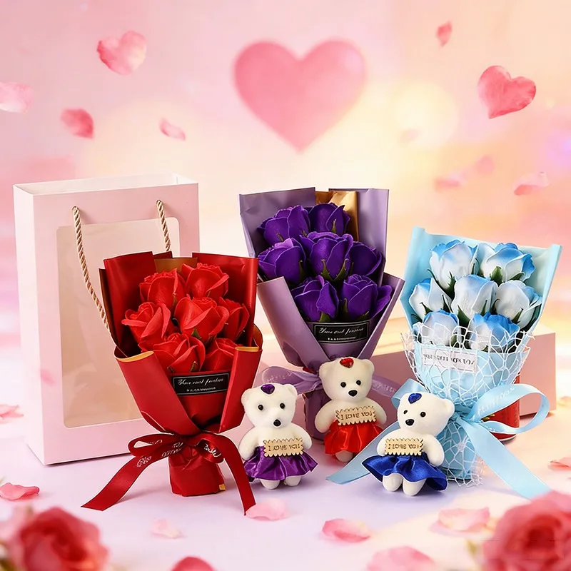 Mini Rose Soap Flower Bouquet Toys Gift Box with Cute Bear Premium Soap Flower Gifts for Valentine's Day Birthday Festival Gifts
