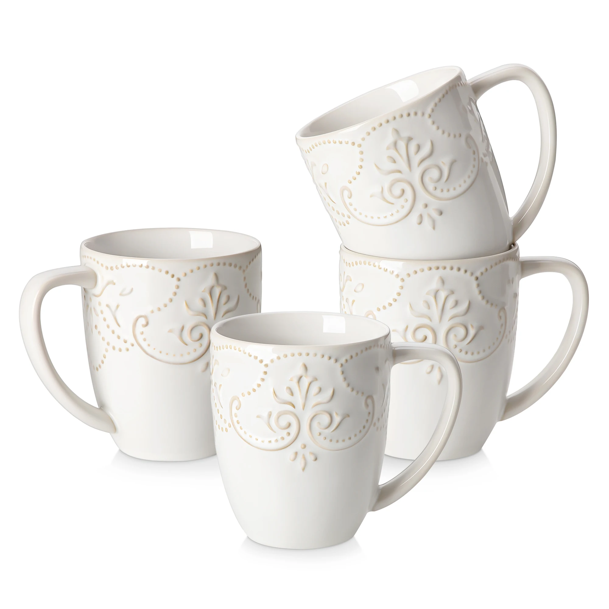 MALACASA GISELLE 4/8-teiliges Porzellan-Tassenset 14 Unzen Retro Relief Kaffeetassenset Keramik-Becher-Set für Milch/Cappuccino Zwei Optionen