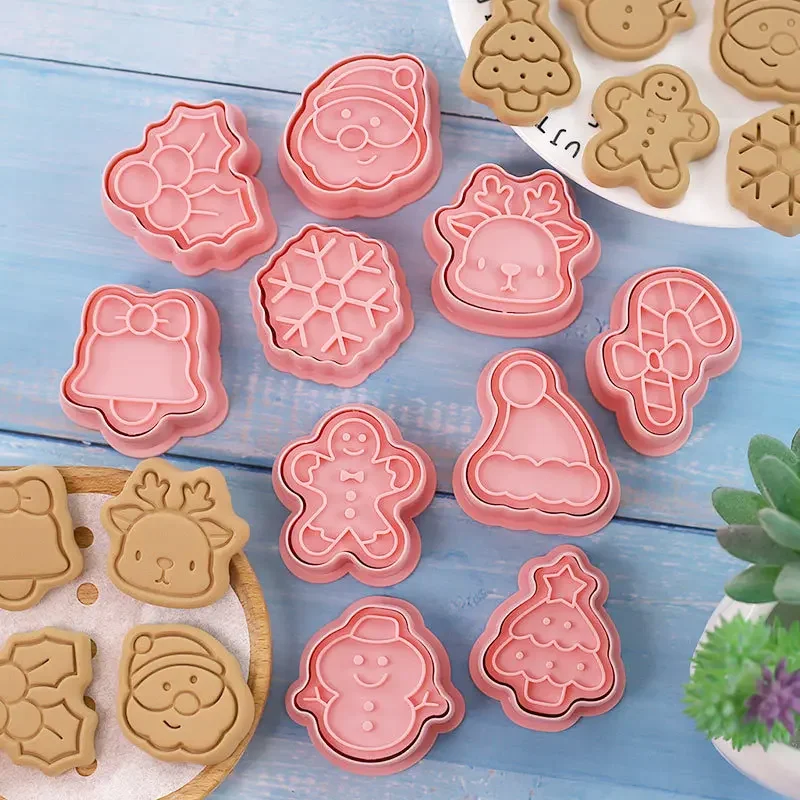 10pcs/set Christmas Cookie Cutters Cartoon Santa Snowman Tree Elk Shape Biscuit Mould Cookie Stamp Kitchen Baking Pastry Mold