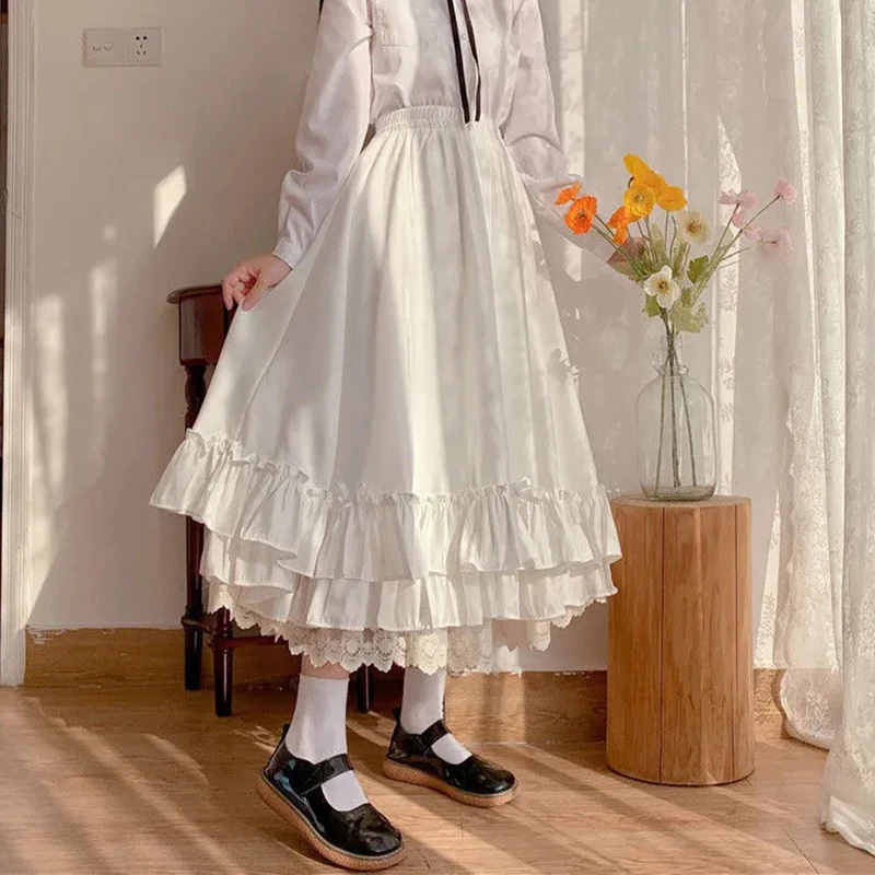 Japanese Fashion Sweet Lace Midi Skirt Women High Waist Ruffle Hem Bow Solid Color Skirt Autumn Cute Casual Elegant Chic Outfit