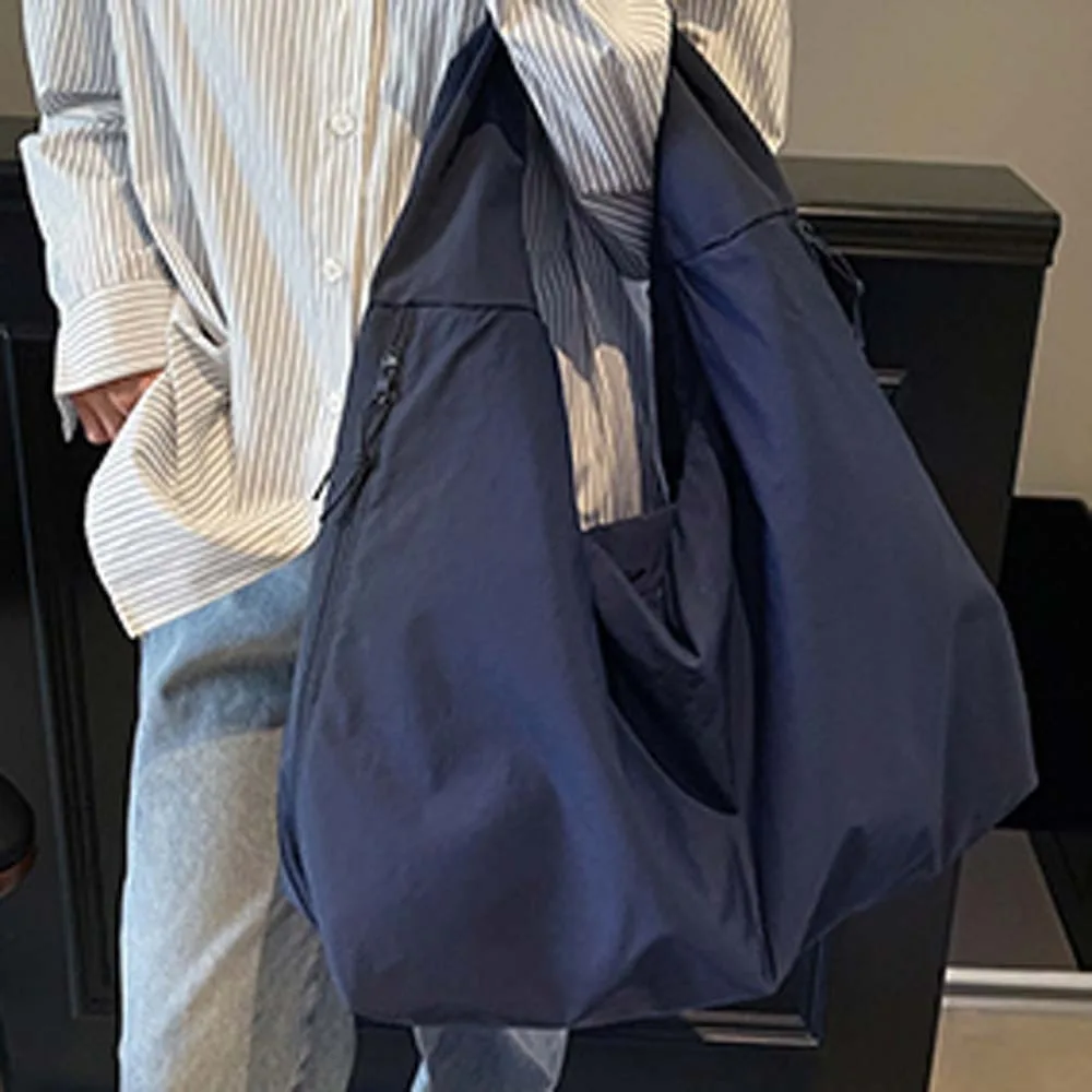 

Casual Nylon Shoulder Bag Double Zipper Design Japanese Style Large Capacity Tote Bag Solid Color Soft Storage Pouch Shopping
