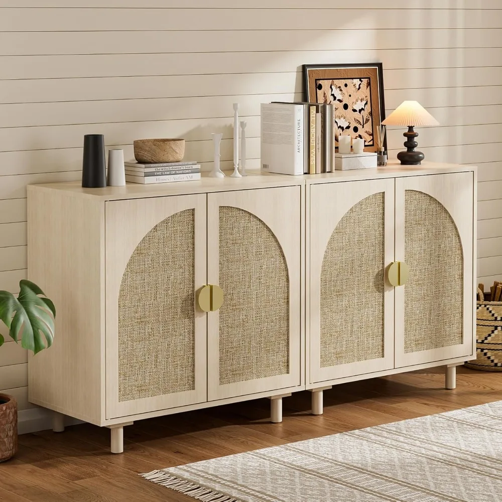 Armoire de rangement en rotin, buffet Boho beige avec étagère réglable, loquet de porte magnétique. (2 pièces, Beige.)