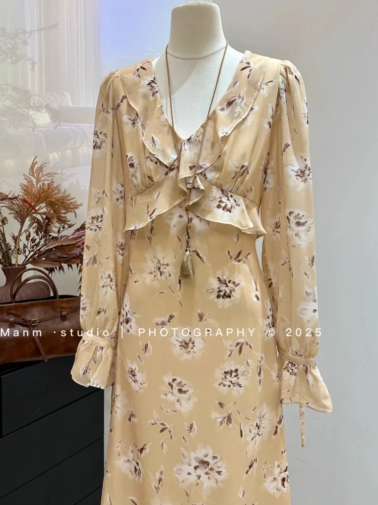 DFDG Women's Spring Summer Yellow Floral Dress Ruffle Detail Long Sleeve Midi Casual Wear 2026 Trendy Feminine Outfit Dress