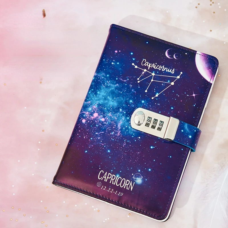 Twelve Constellations Password with Lock Notebook Starry Sky Hand Account Notepad Retro Atmosphere Student Stationery Gift