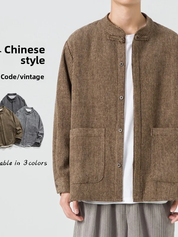

Свободный мужской кардиган, куртка, повседневный трикотаж с открытой передней частью, новое китайское шерстяное пальто с воротником-стойкой для повседневной носки