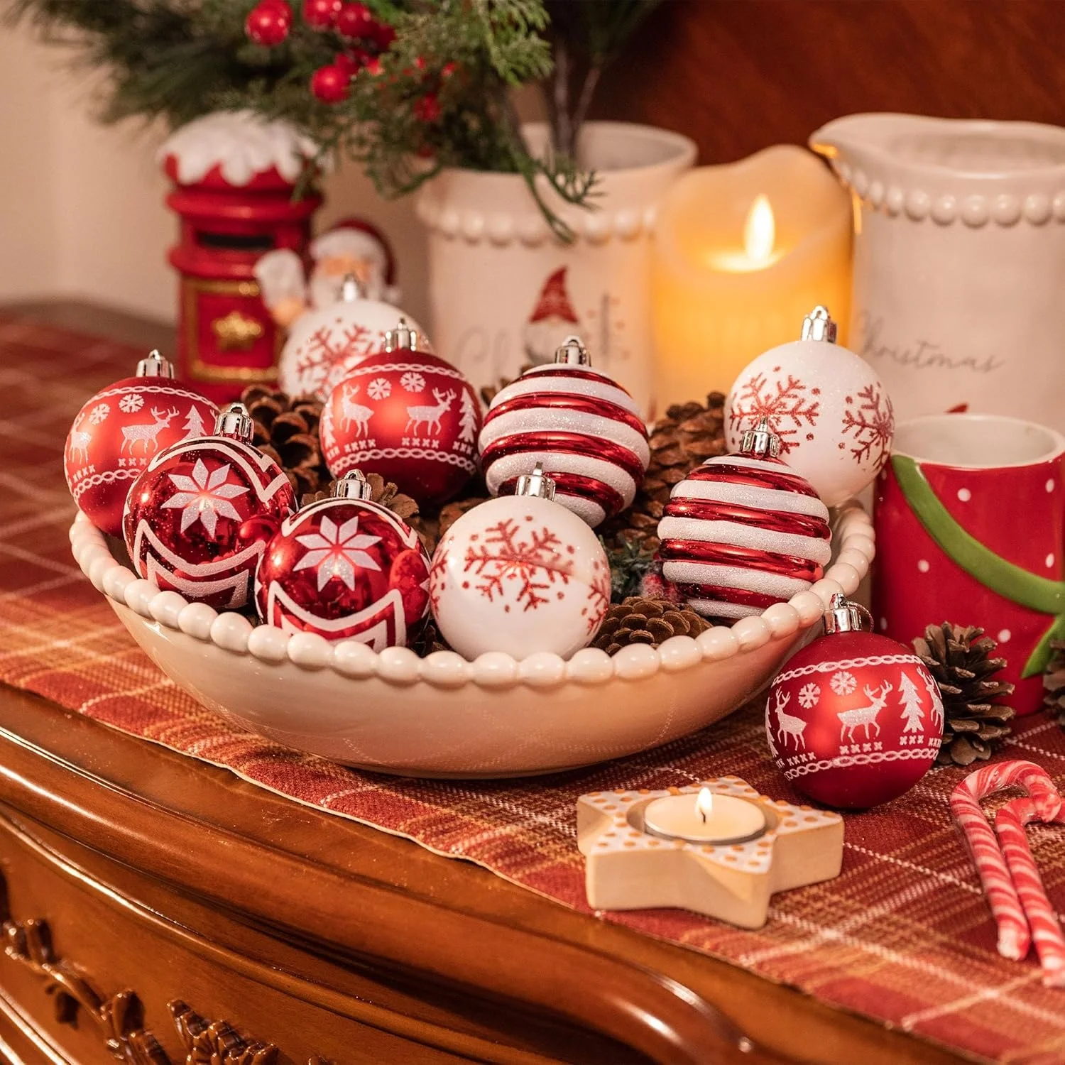 24Pcs Christmas Ball Ornaments,Red and White Christmas Ornaments for Tree Pre Strung Plastic Xmas Tree Decorations