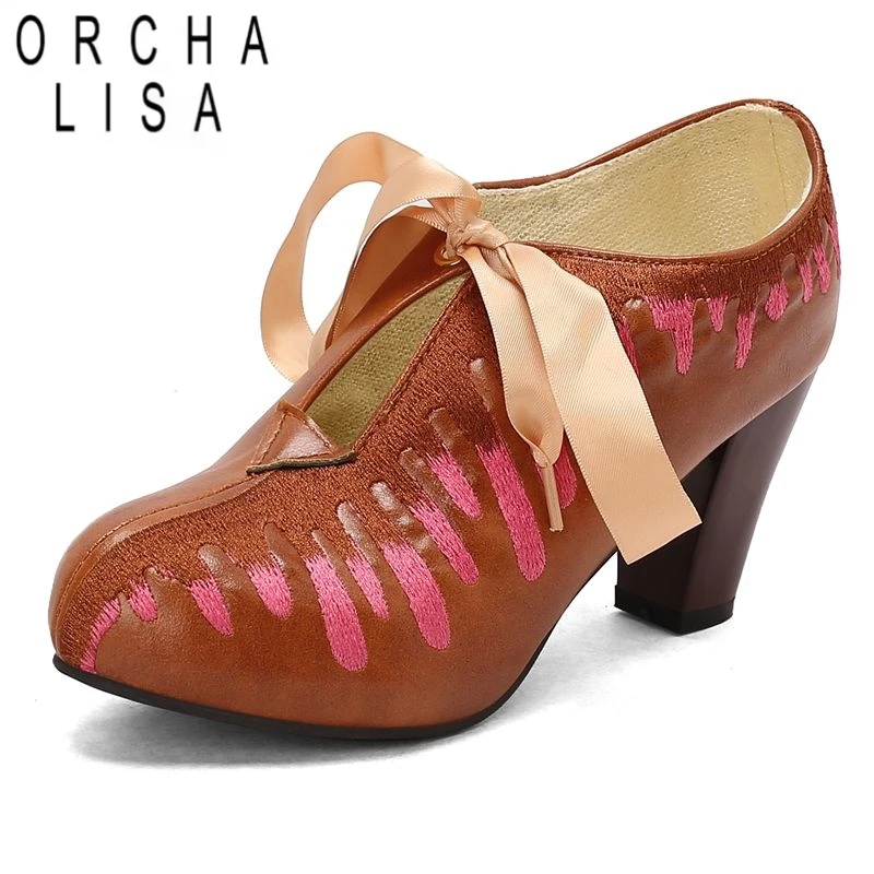 

ORCHA LISA 2025 Новый дизайн Женские туфли-лодочки с круглым носком на блочном каблуке со шнуровкой Разноцветные большие размеры 41 42 43 Модная женская обувь для свиданий