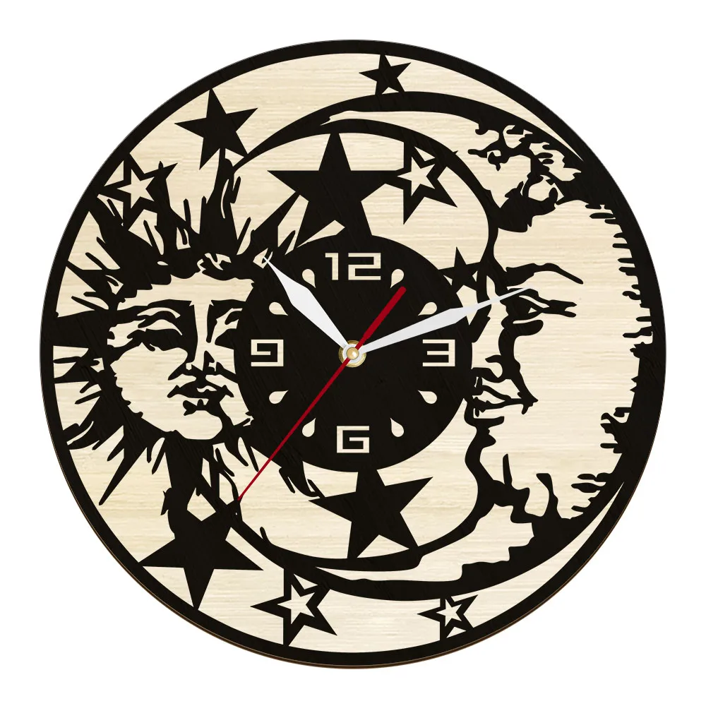 Mosaic Art Sun And Moon Black Wooden Wall Clock Laser Cut Two Layer Wood Wall Watch Farmhouse Home Decor Astrology Artwork Clock