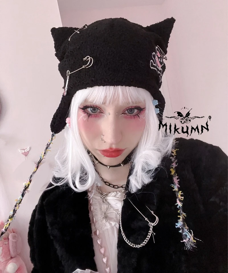 Mikumn Japanese Harajuku Kawaii Black White Skull Cat Ears Hats For Women Girl Winter Warm Lambswool Cute Beanie Caps