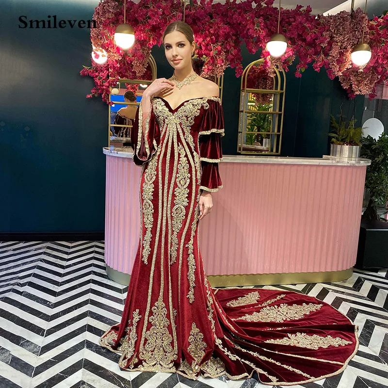 Smileven Classic Burgundy Mermaid Flare Sleeve Caftan Evening Party Dress Gold Lace Velvet PromGowns TraditionalDress Customized