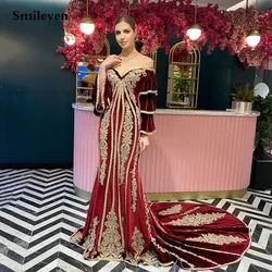 Smileven Classic Burgundy Mermaid Flare Sleeve Caftan Evening Party Dress Gold Lace Velvet Prom Gowns Traditional Women Dresses