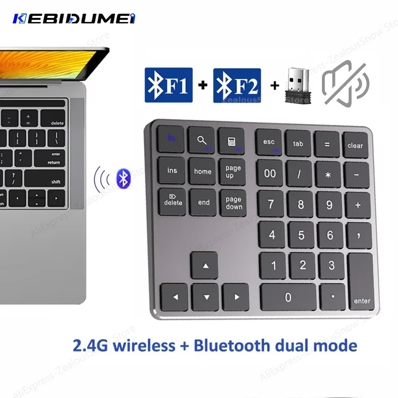 KEBIDUMEI Numeric Keypad 2.4G Dual Mode Wireless Keyboard Bluetooth Keyboard Digital Keyboard 300mAh Battery Rechargeable Numpad