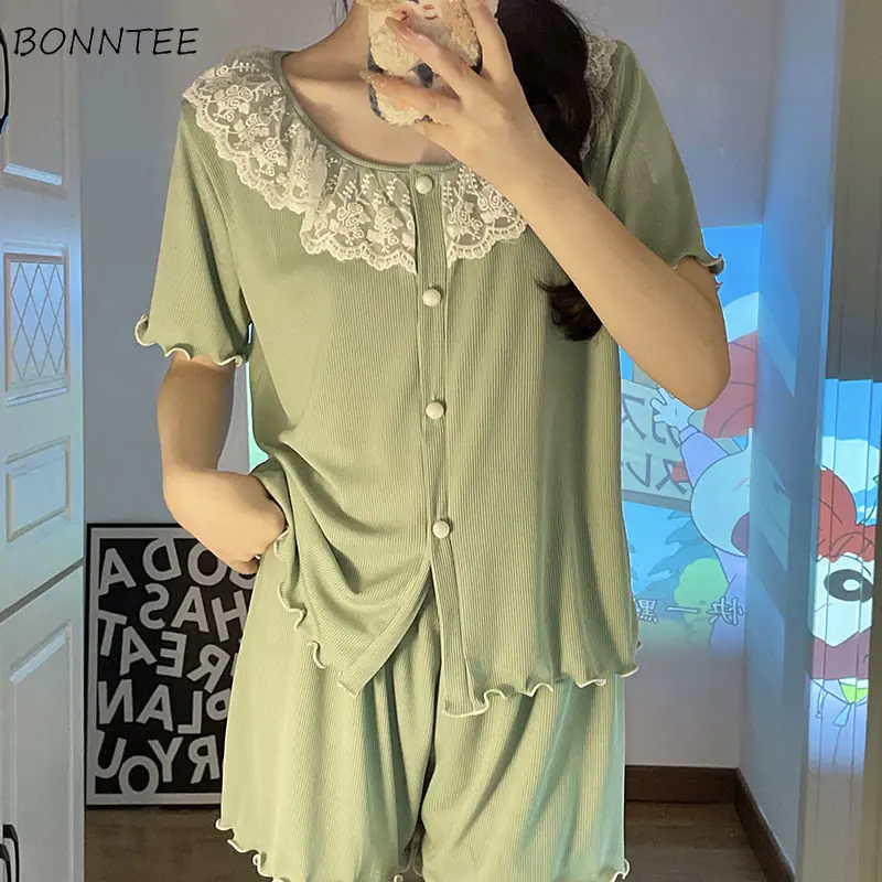 

Пижамный комплект женский домашний мешковатый кружевной в стиле пэчворк в Корейском стиле Повседневная Милая летняя базовая одежда для девушек и студентов с круглым вырезом