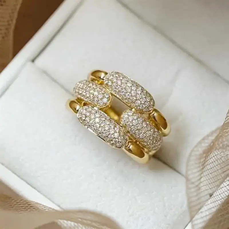 Huitan Luxus-Damenring mit Kettendesign, voll glänzend, mit Zirkonia, modisch, für Hochzeit, Verlobung, edle Accessoires, schicker Damenschmuck