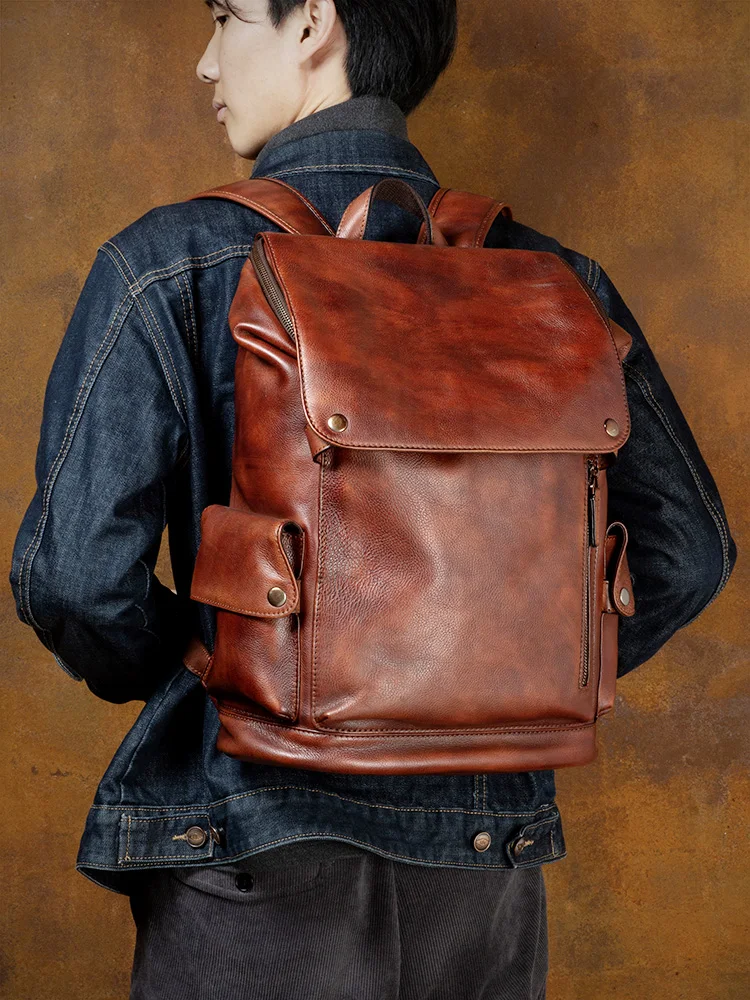 Retro Genuine Leather Men\'s Backpack Casual Soft Cowhide Shoulder Computer Bag Travel Backpacks Men And Women 2024 New