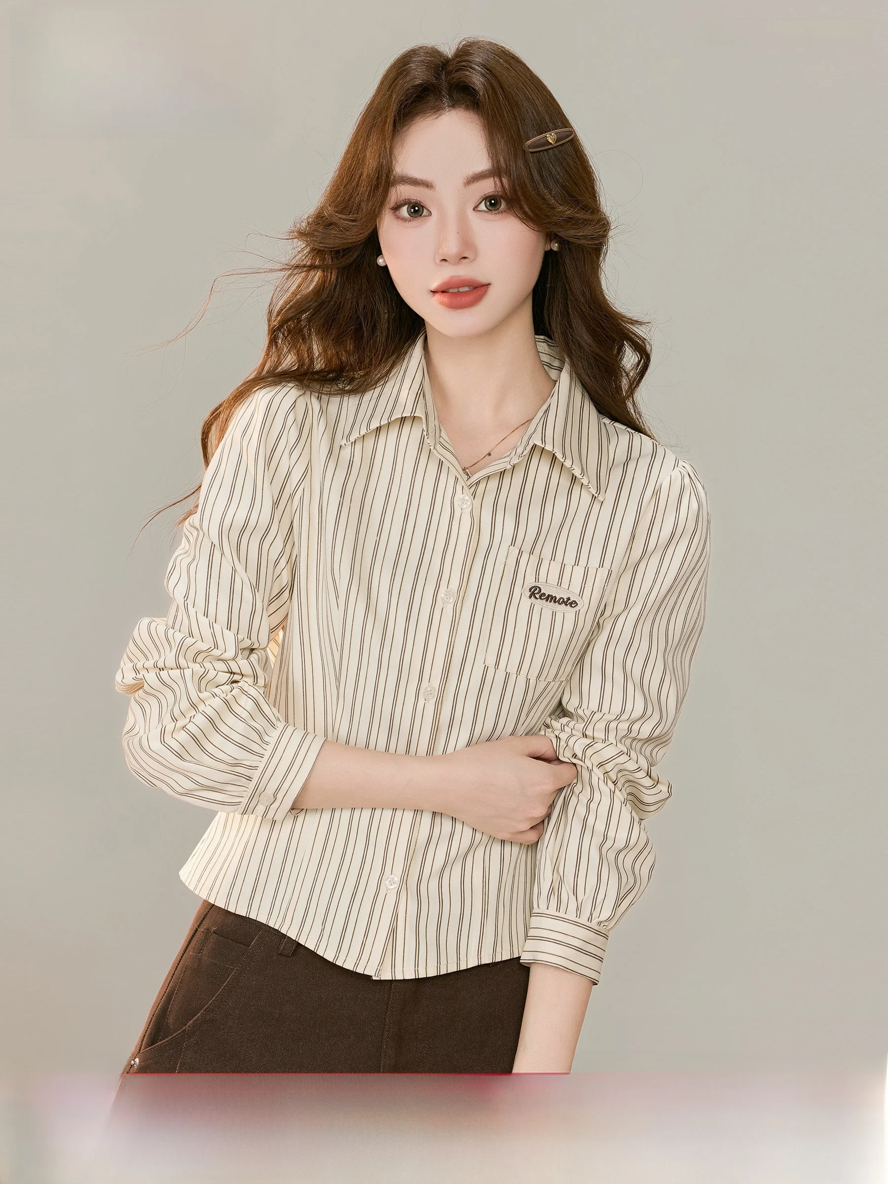 

Теплая женская рубашка с мягким полосатым узором и длинными рукавами, универсальная, удобная для поездок на работу, дышащая, из смесового полиэстера