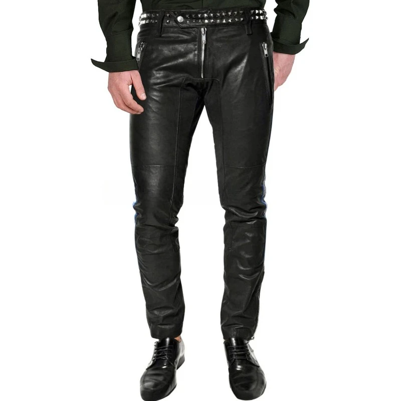 

Men Party Wear Genuine Sheepskin 100% Leather Pant Silver Hardware Trouser