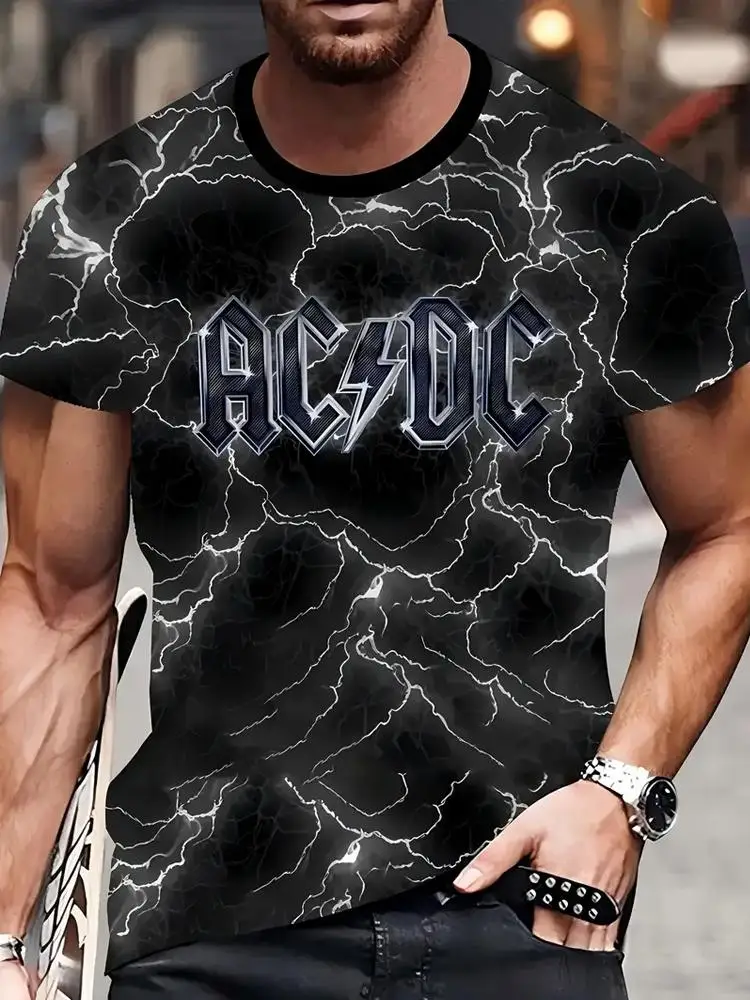 

AC/DC Lightning Print Men's T-Shirt 3D Graphic Short Sleeve Casual Tee Summer Street Fashion Round Neck T-shirts Tops