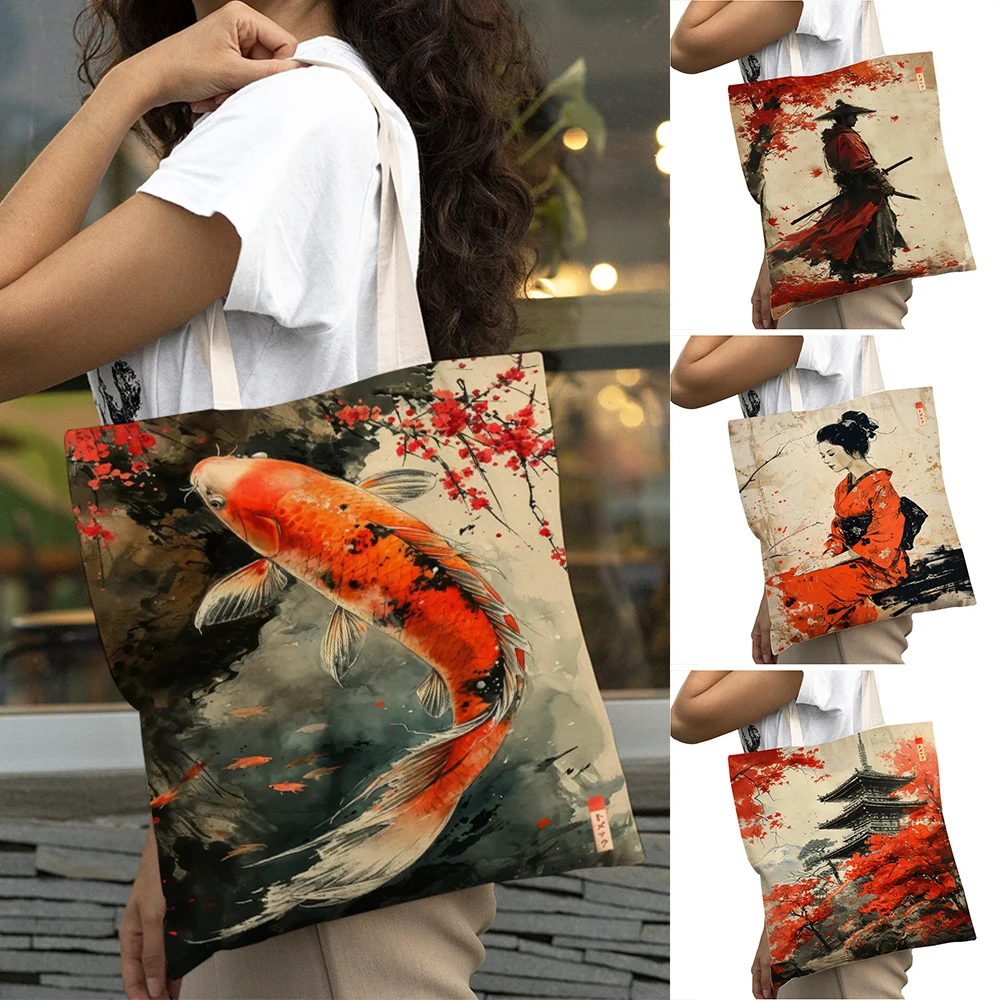 

Red Koi Fish Women Shopper Bag Large Capacity Japanese Cartoon Samurai Geisha Lady Shopping Bags Shoulder Tote Girl Handbag