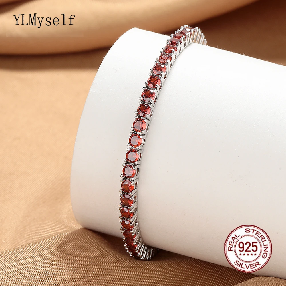 

Real Silver Metal Tennis Bracelet Bling 3 mm Garnet Stone Cubic Zircon 925 Fine Jewelry Chain For Women