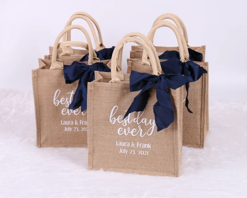 

Personalized Burlap Tote - Best Day Ever Wedding Welcome Bag Beach Jute Gift Favor Bridesmaid Bachelorette Sleepover Birthday