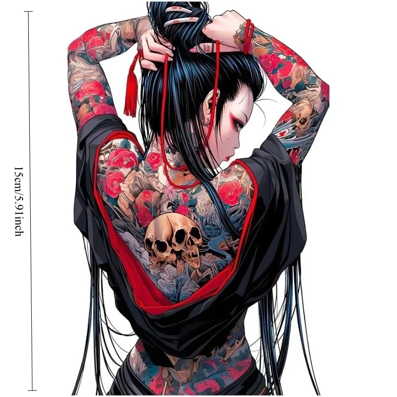 Japanese Tattoo Geisha Girl Vinyl Sticker Floral & Skull Waterproof UV Protection for Car Fuel Tank Motorcycle Helmet Decor
