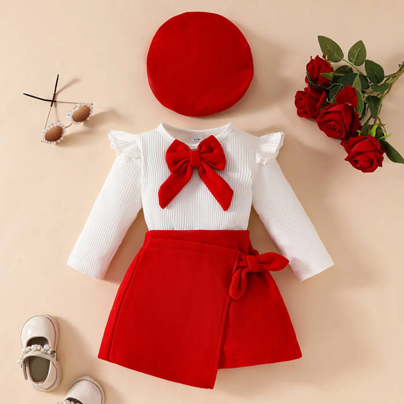 Baby Girls Outfit Solid Color Set 0-3Y Long Sleeve Big Bow Top Irregular Skirt and Beret 3Pcs Toddler Infant Christmas Clothes