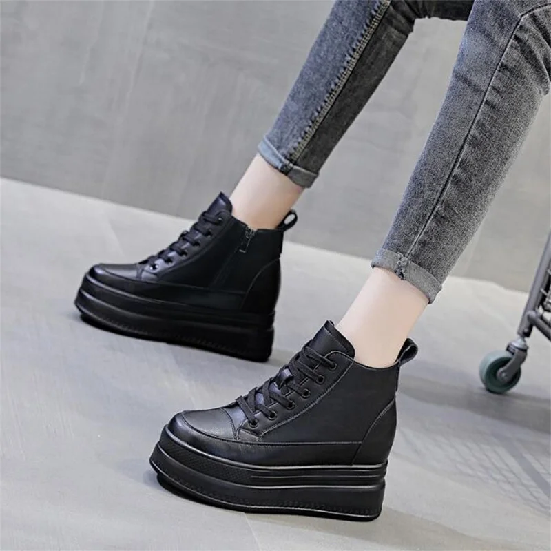 Women High Top Sneakers Platform Breathable Genuine Leather Shoes Spring Lady Wedges Casual Shoes For Woman Sports Dad Shoes 9CM