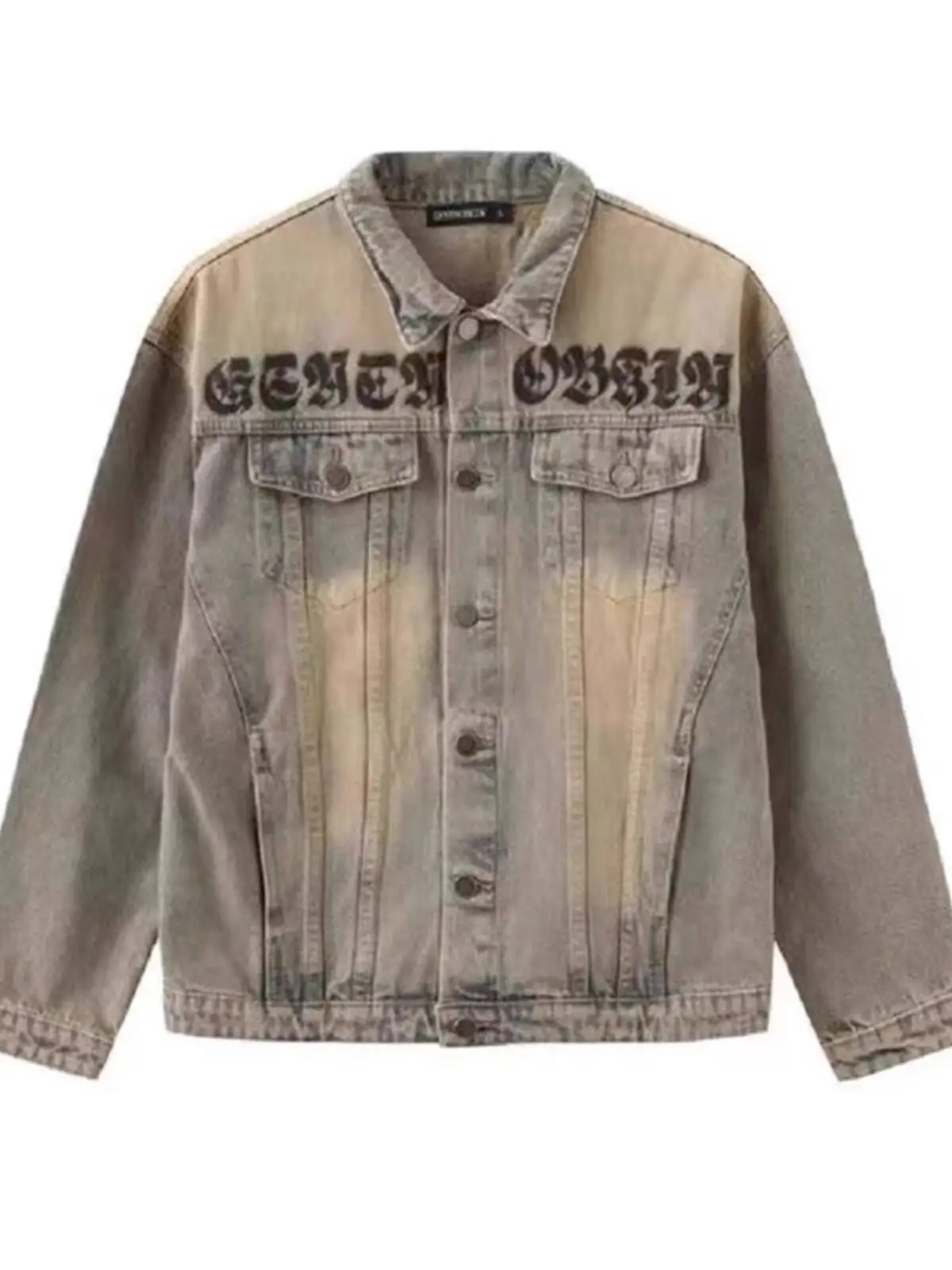 Autumn Men's Cargo Denim Jacket Shirts Vintage Washed Denim Jacket Trendy Streetwear English Print Edgy Cargo Outerwear