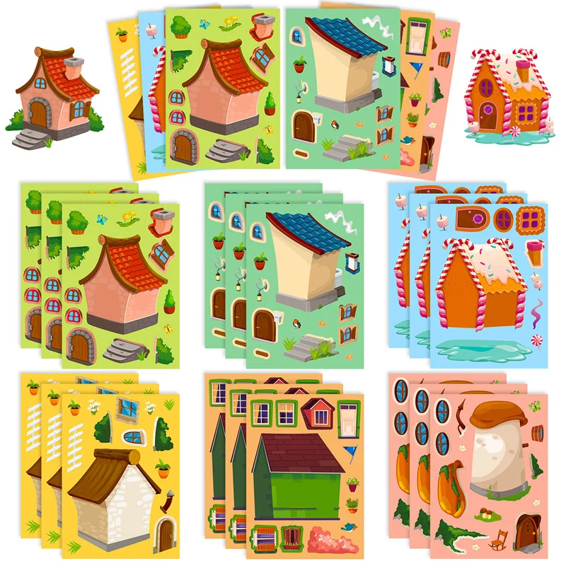 6-24sheets Kids DIY Puzzle Stickers Pack Make Your Own House Dress Up Stickers Toys for Children Toddlers Party Games Supplies