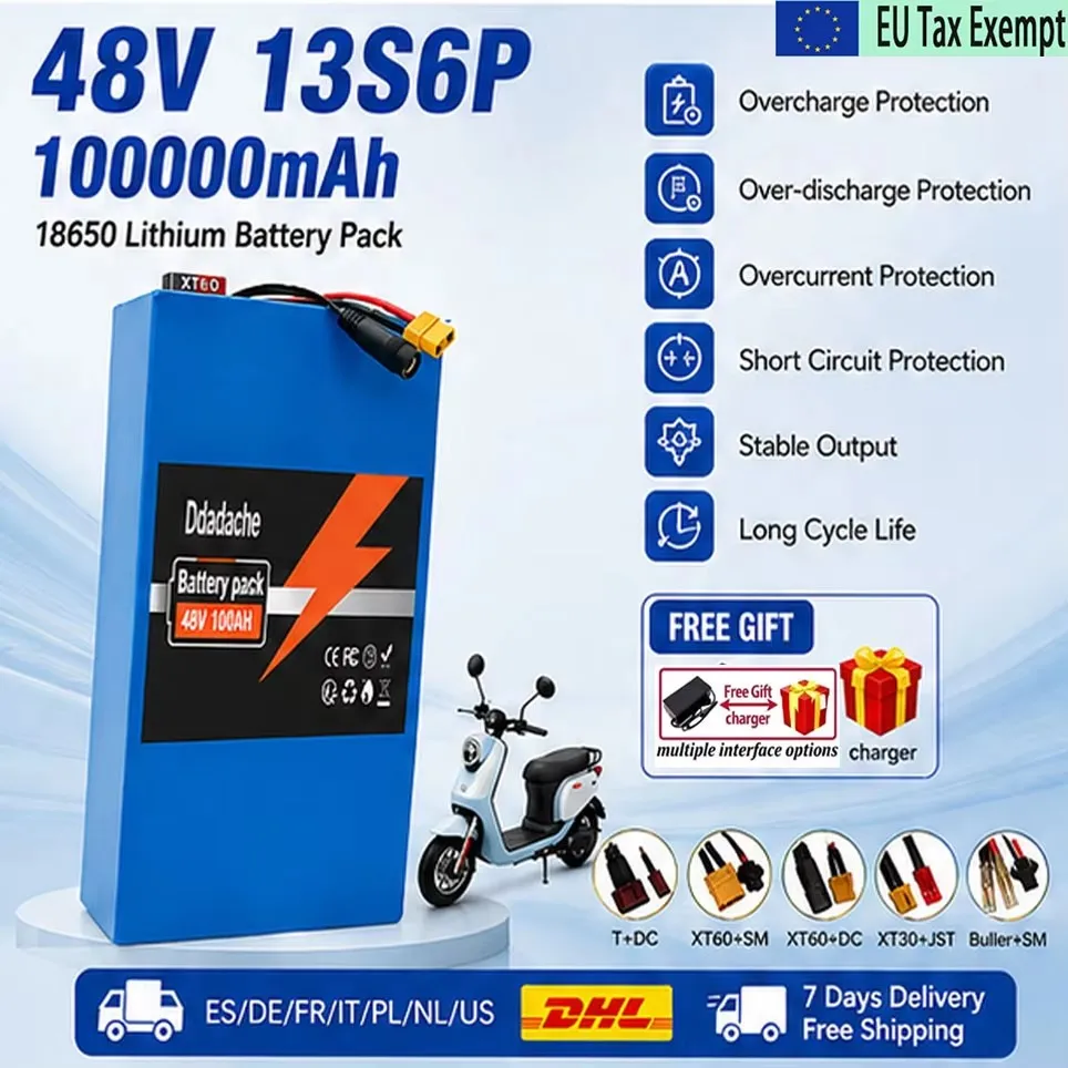 Batterie au lithium de grande capacité 48V100Ah13S6P, neuve et originale, avec une puissance de 500W-2000W, adaptée aux scooters électriques Citycoco, avec BMS intelligent intégré + chargeur