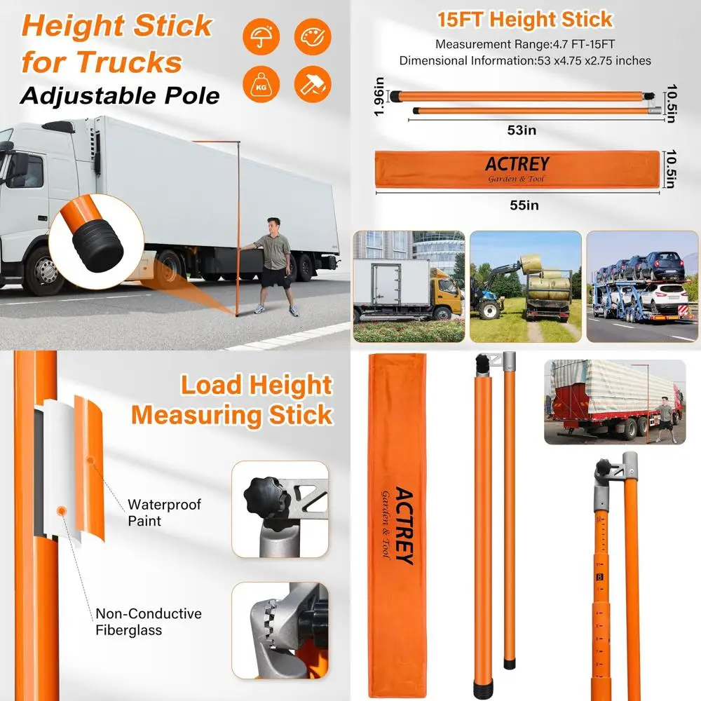 Fiberglass Truck Height Stick for 15FT Load Measurement with Adjustable Pole, Ideal for Car Haulers and Height Measuring Needs