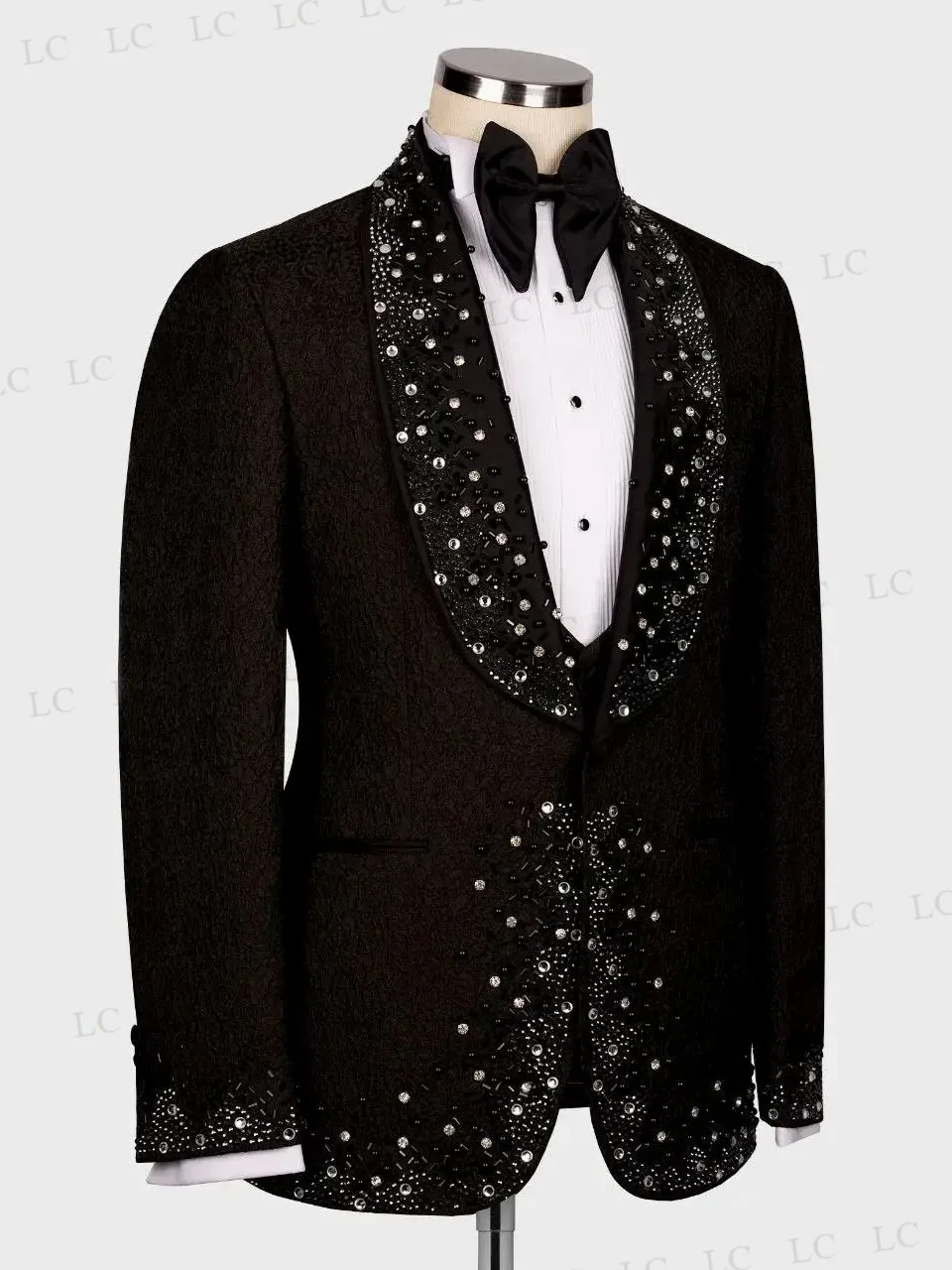 Men Suits 3 Pieces Blazer Vest Pants Pearls Beadings Diamonds One Button Prom Formal Tuxedos Wedding Groom Plus Size Tailored