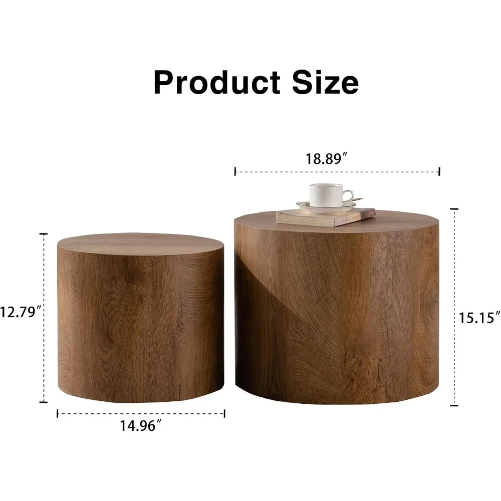 Round Coffee Table Set of 2, Wooden Drum Side Tables for Living Room, Light Walnut, Assembled