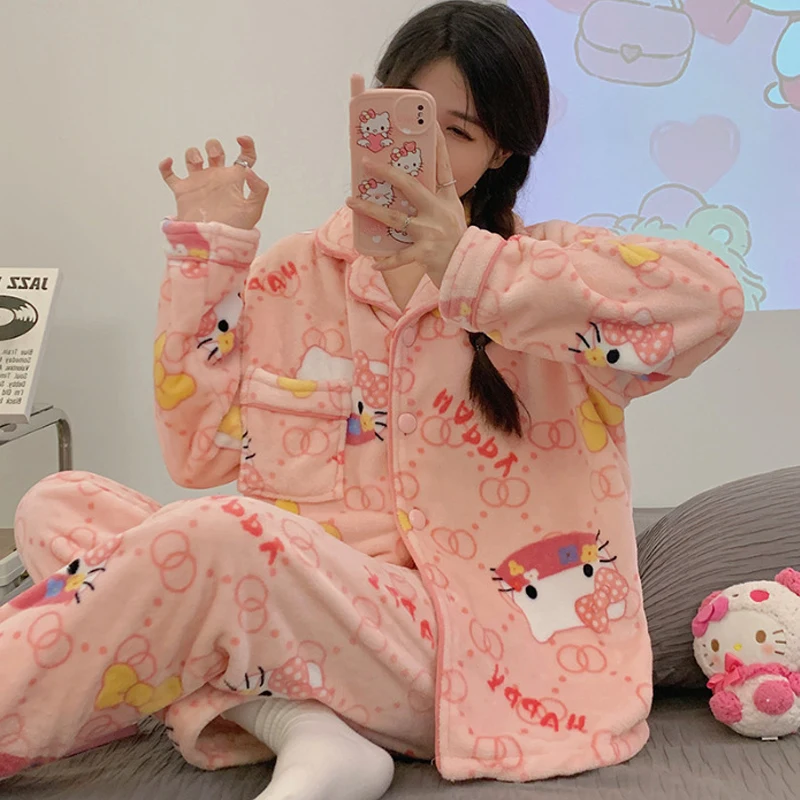 Sanrios Kuromi Hello Kitty My Melody Autumn Winter Cartoon Coral Velvet Pajamas Lapel Cardigan Flannel Thickened Home Clothes