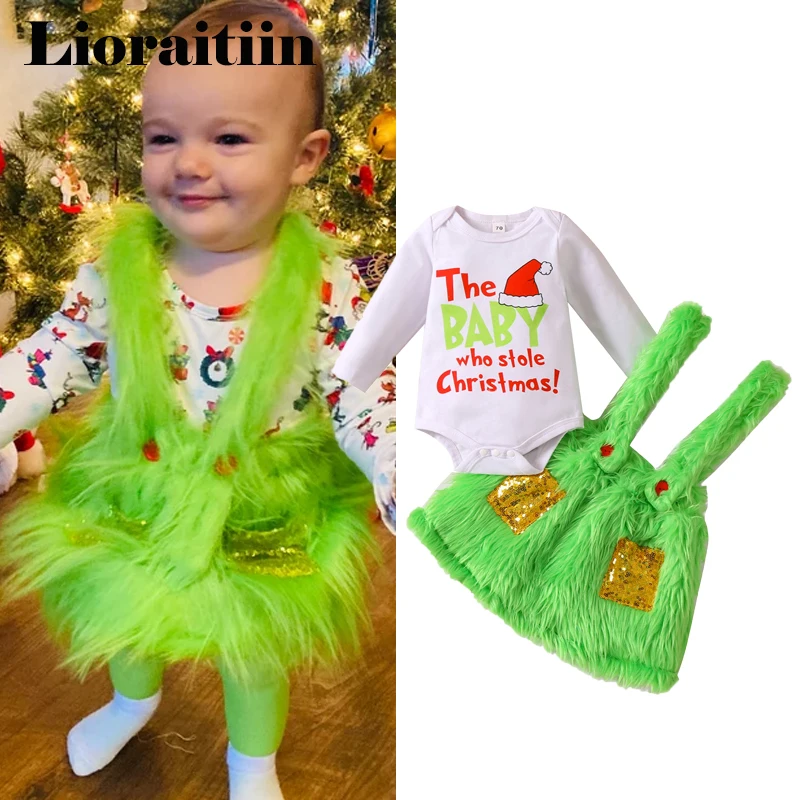 2022-10-26 Lioraitiin 0-24M Infant Kids Girls Christmas Dress Suit Long Sleeve Round Neck Romper Tops Plush Sequined Half Dress