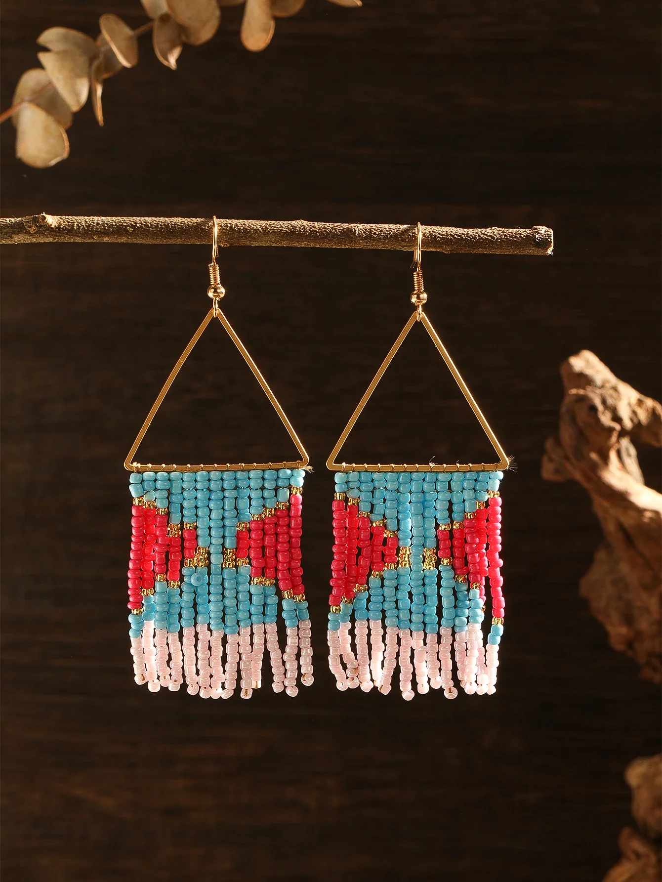 Fringed earrings  Hand woven  Retro  Versatile  triangle  Color blocking  Beading  Simplicity  Bohemia  alloy  ma'am  Rice bead