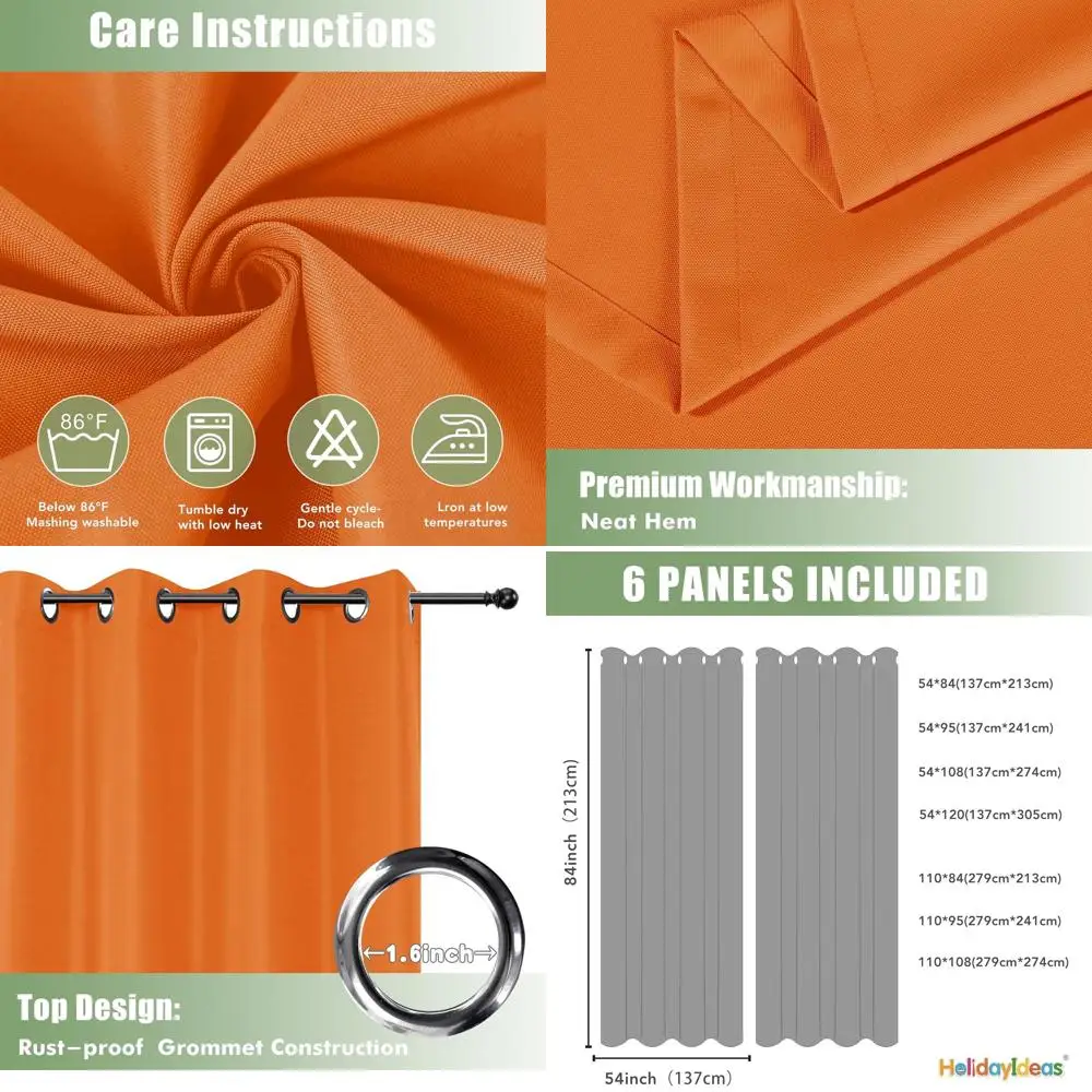 

Weather-Resistant 6-Panel Patio Curtains, 54x108 - Orange Privacy Outdoor Curtains with UV Block for Backyard, Porch, Gazebo