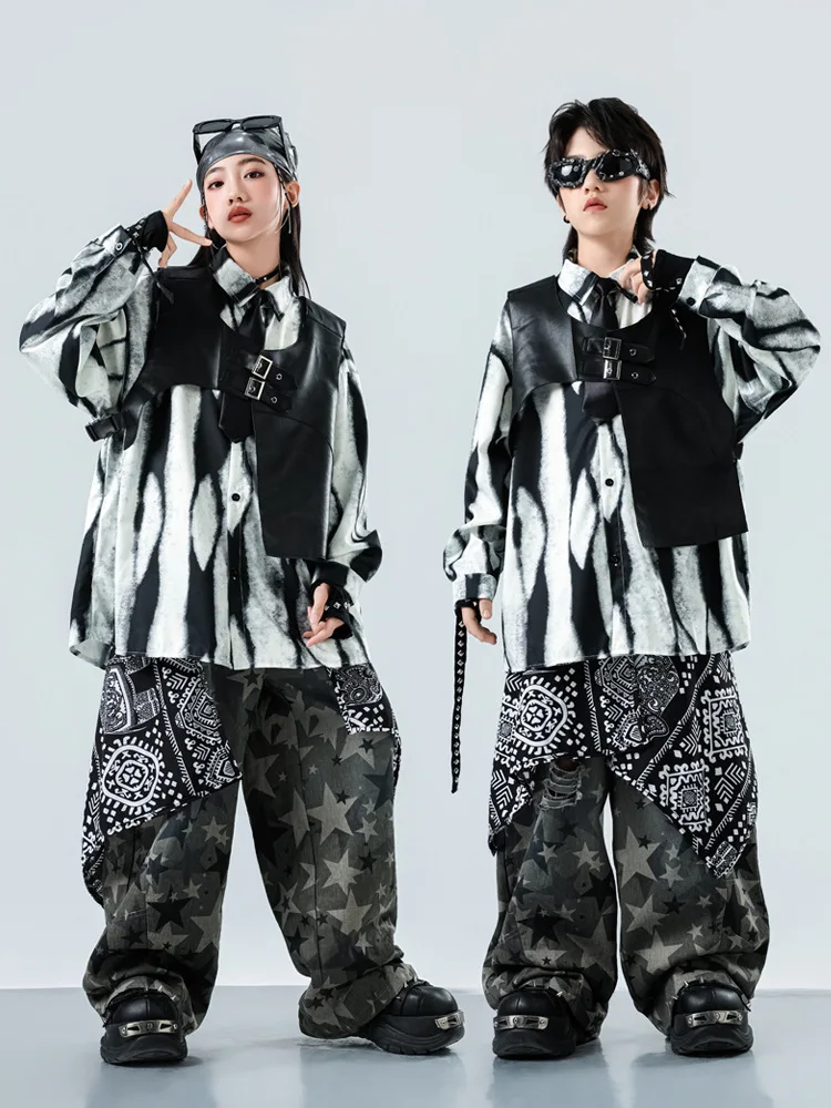 

Kid Kpop Hip Hop Clothing Black Faux Leather Vest Tie Dye Shirt Stars Print Wide Ripped Pants for Girl Boy Street Dance Costume