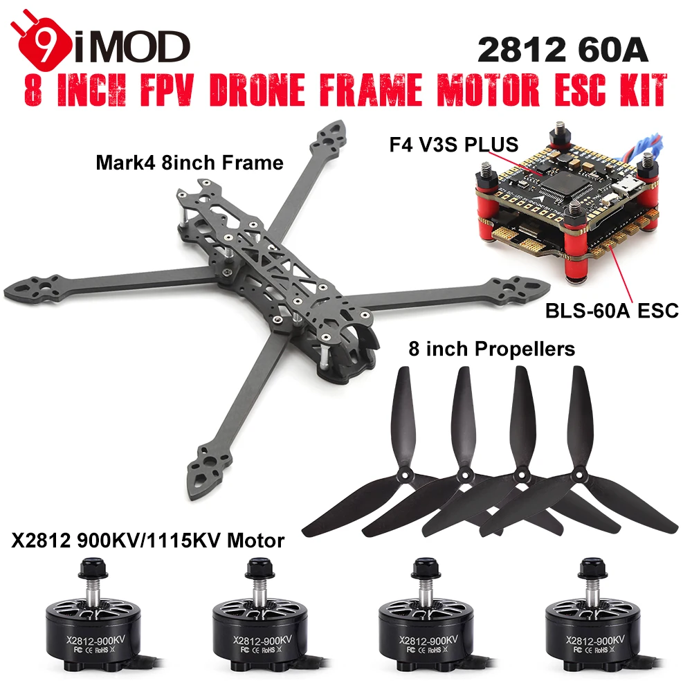 

9IMOD Mark4 8inch 375mm Wheelbase Carbon Fiber Frame 5mm ArmX2812 900/1115KV Brushless Motor 8inch Propeller for 8" Drone