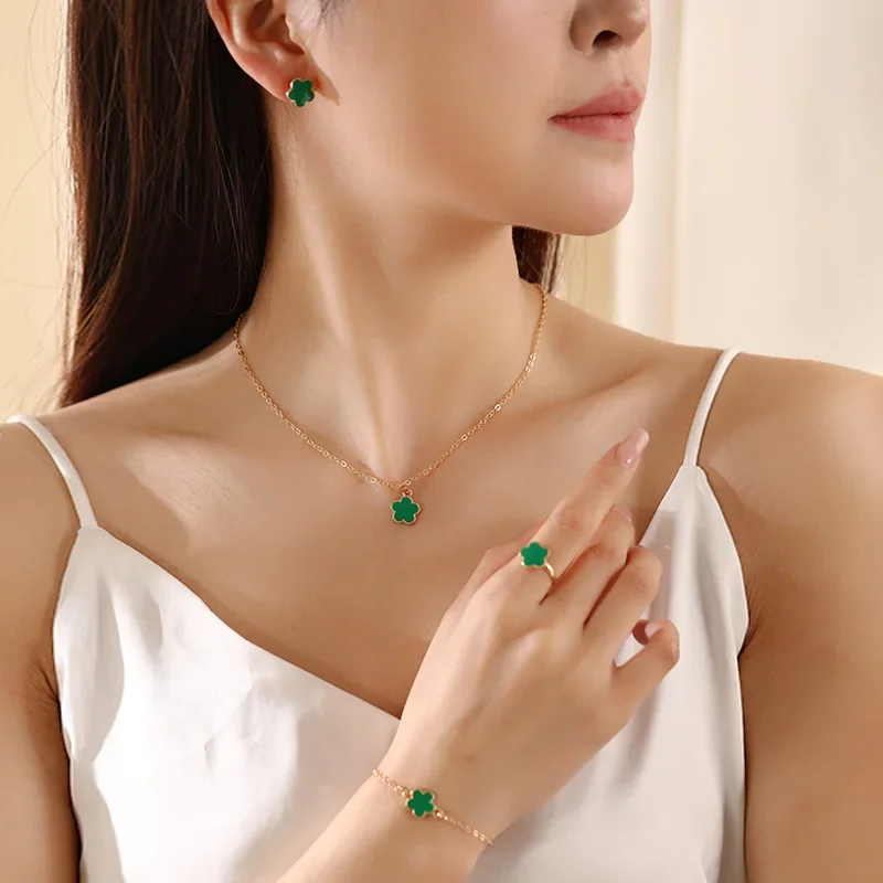 Lucky Five-petal Flower Clover Earrings Necklace Ring Bracelet Four-piece set for Woman Fashionable Accessories Party Jewelry image 6